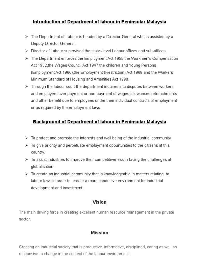 Introduction Of Department Of Labour In Peninsular Malaysia Layoff Employment