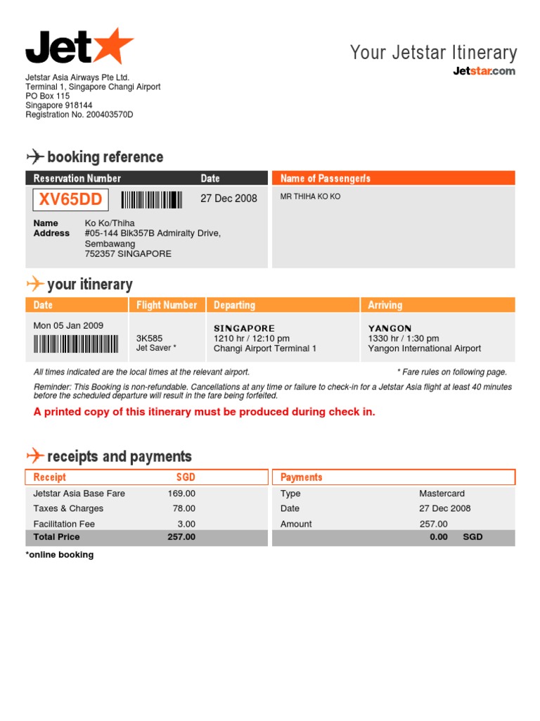 Jetstar Flight Itinerary Details | PDF | Baggage | Business