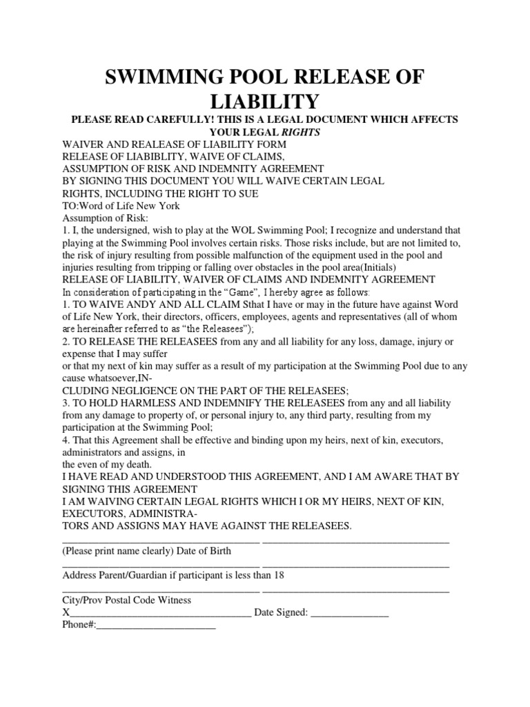 Waiver For Pool Use