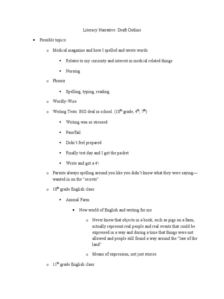 Literacy Narrative Draft Outline Writing