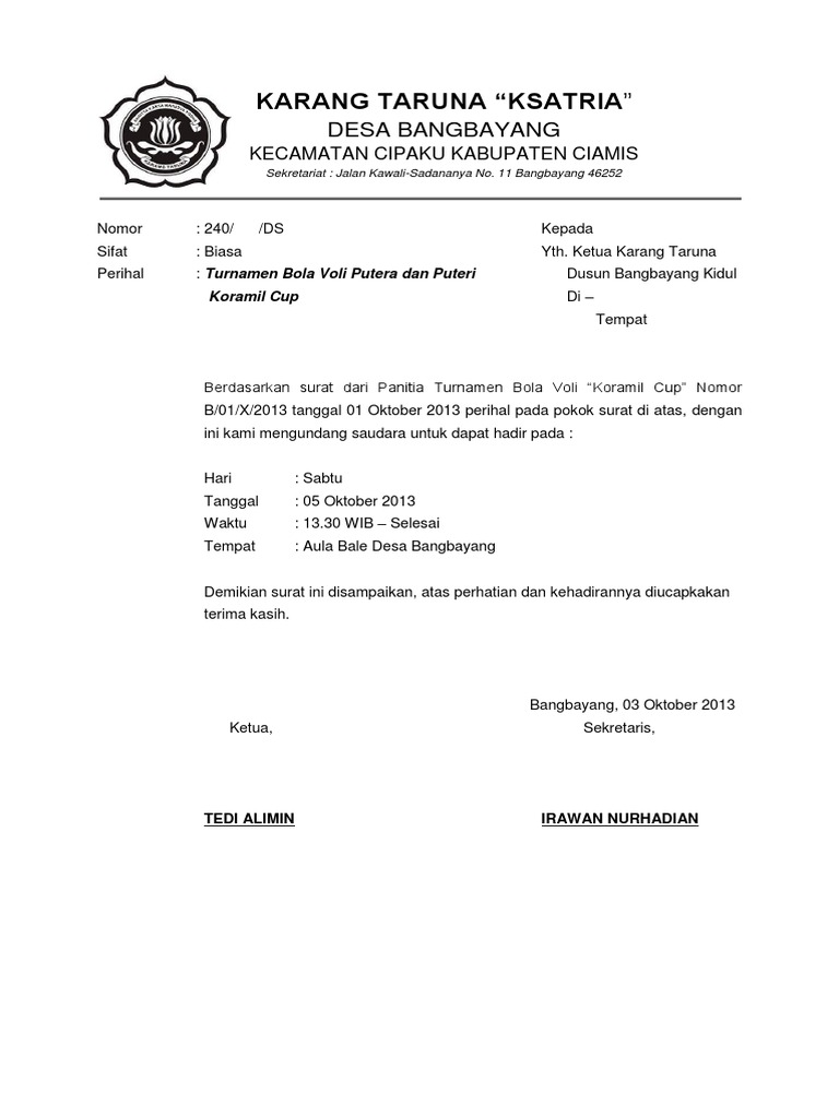 Undangan Karang Taruna Bola Voli Docx Salam olah raga.