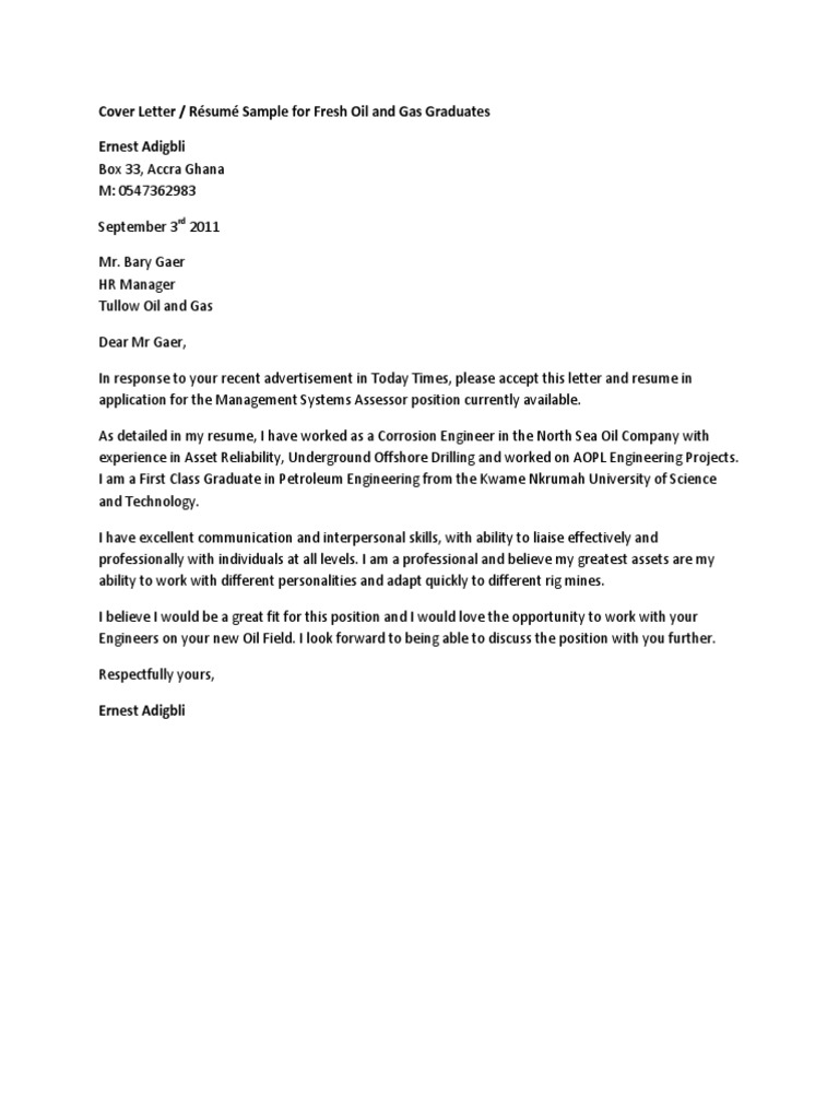 Cover Letter for Oil and Gas Position | PDF | Résumé | Hydrocarbons