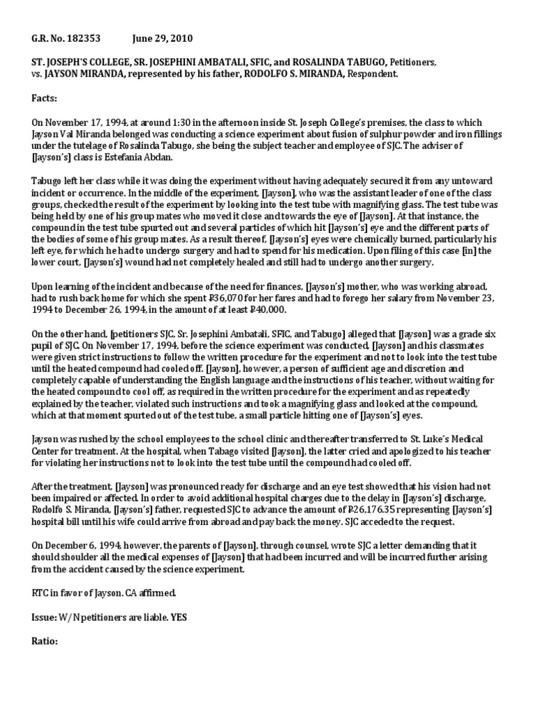 St. Joseph Vs Miranda | PDF | Negligence | Experiment