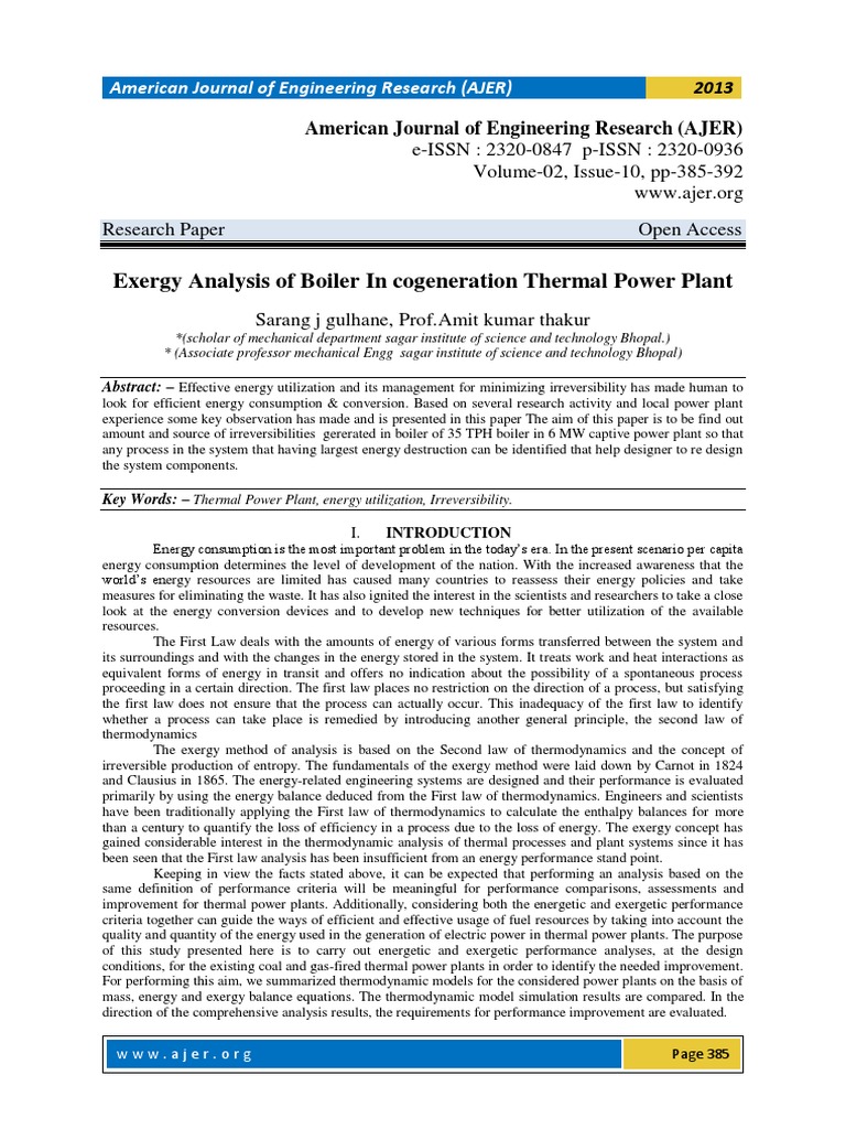 Exergy Analysis of Boiler in Cogeneration Thermal Power Plant | PDF