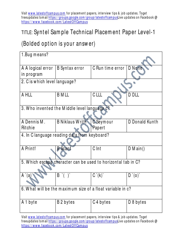 Syntel Sample Technical Placement Paper Level-1: (Bolded Option Is Your ...