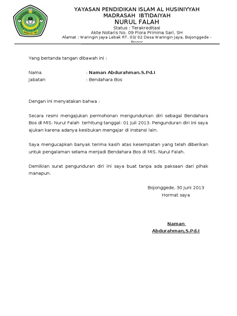 Contoh Surat Pengunduran Diri Dari Bendahara Dana Bos - Berbagi Contoh Surat