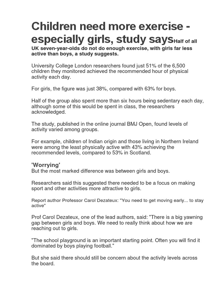 UK Children Lack Exercise, Girls Most Affected | PDF | Physical ...