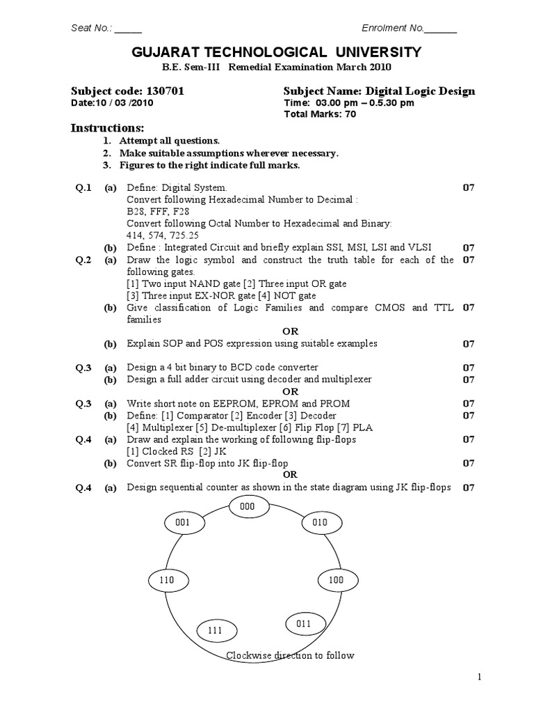 Digital Logic Design Exam Paper 2010 | PDF