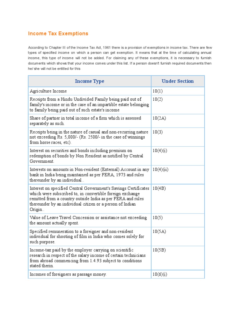 Tax Exemptions Type Under Section PDF Employee