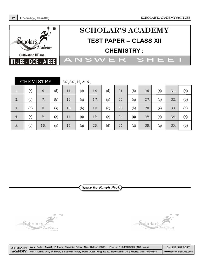Class XII Chemistry Test Answer Sheet | PDF