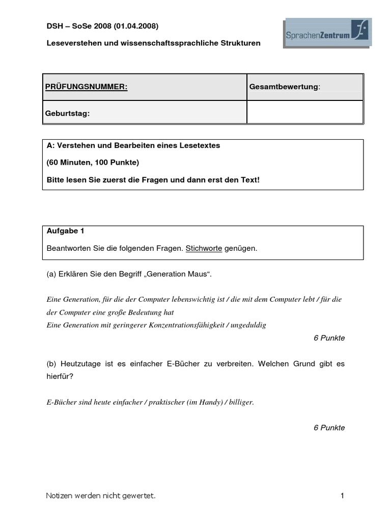 DSH Beispiel Leseverstehen Grammatik Loesungen PDF | PDF