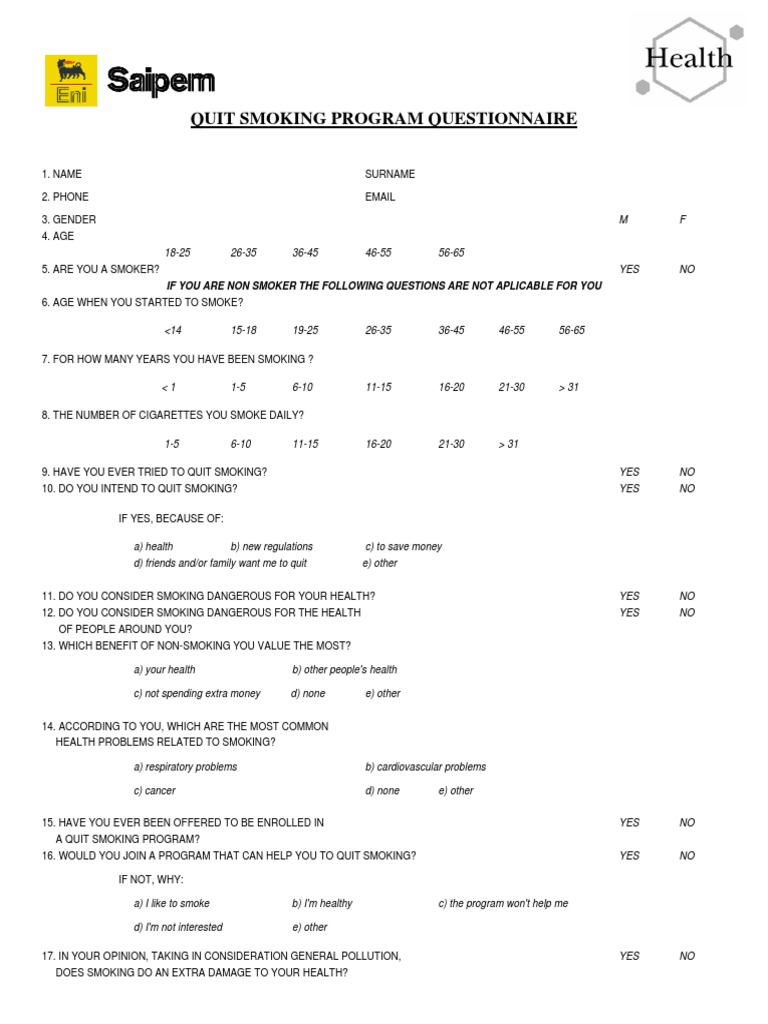Quit Smoking Program Questionnaire If You Are Non Smoker The Following Questions Are Not