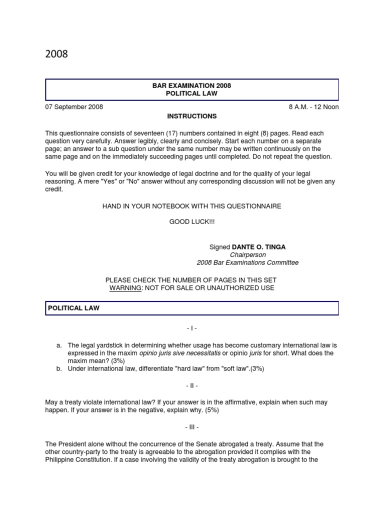 Bar Examination 2008 Political Law: Chairperson 2008 Bar Examinations ...