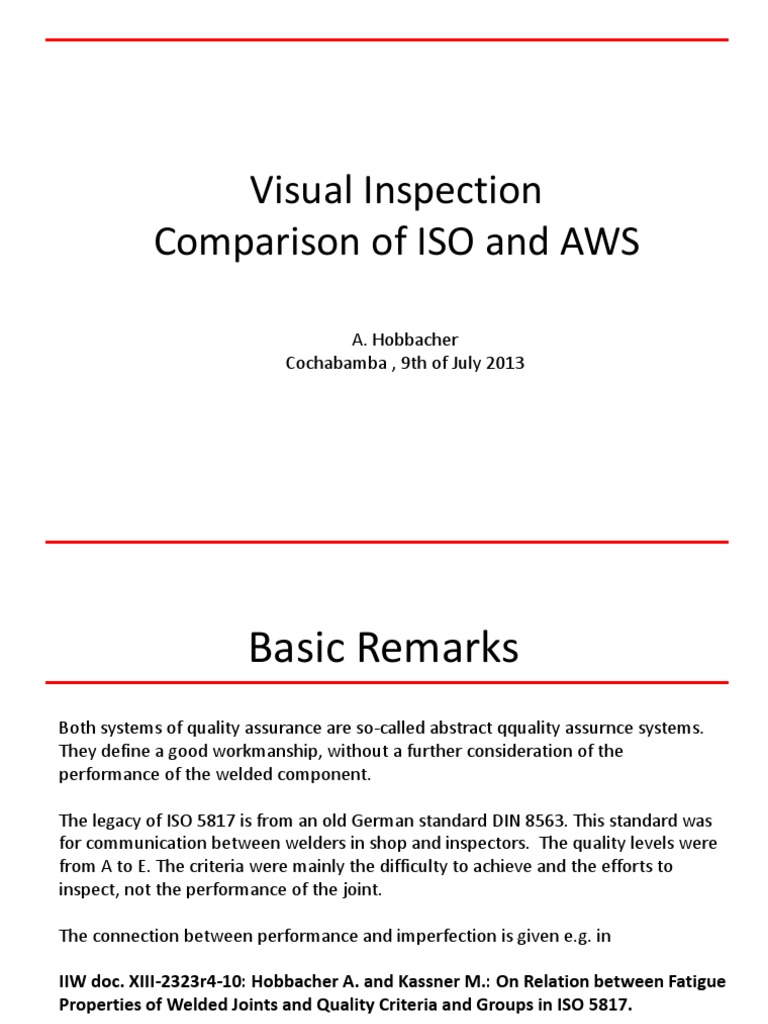 Visual Inspection Comparison of ISO and AWS: A. Hobbacher Cochabamba ...