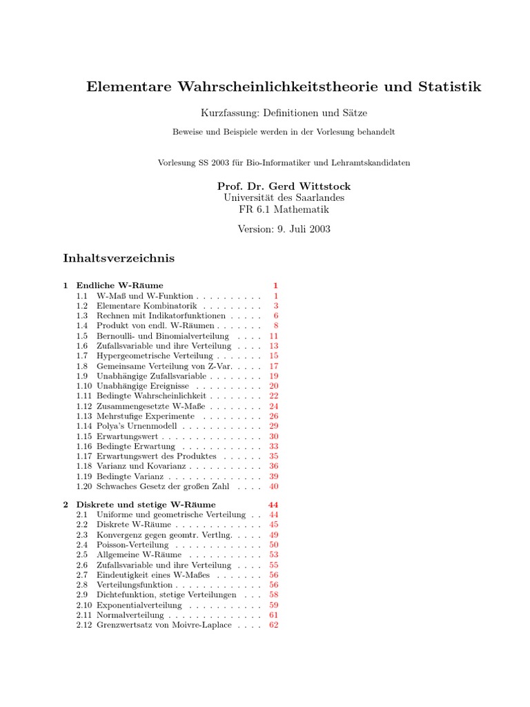 Elementare Wahrscheinlichkeitstheorie Und Statistik - 