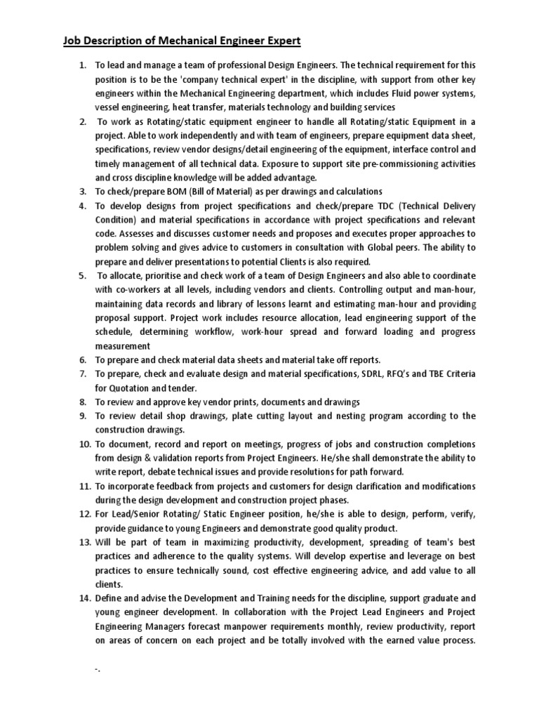Mechanical Engineer Job Responsibilities | PDF | Engineer ...