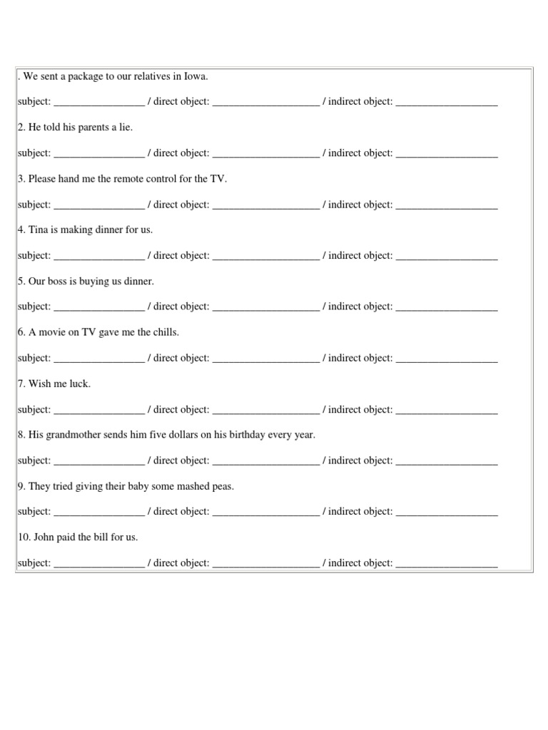 Direct and Indirect Objects Worksheet 2 | PDF