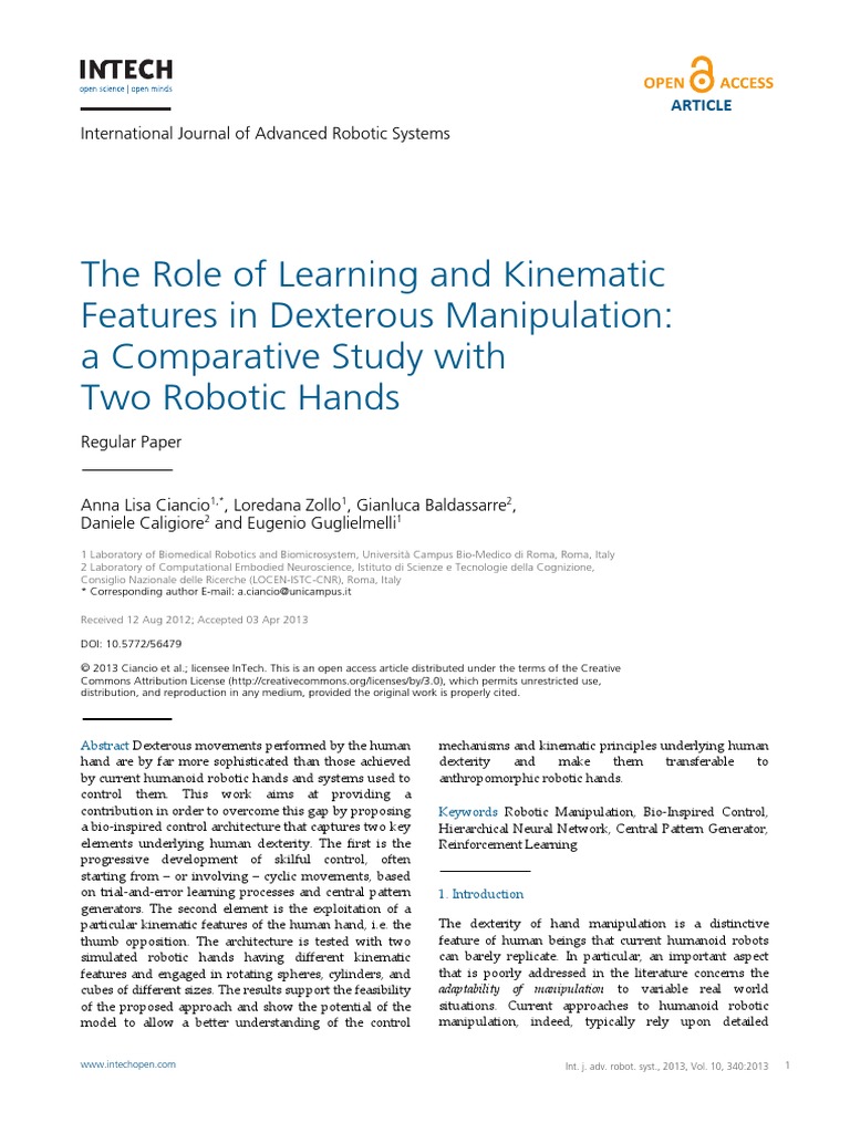 The Role of Learning and Kinematic Features in Dexterous Manipulation ...