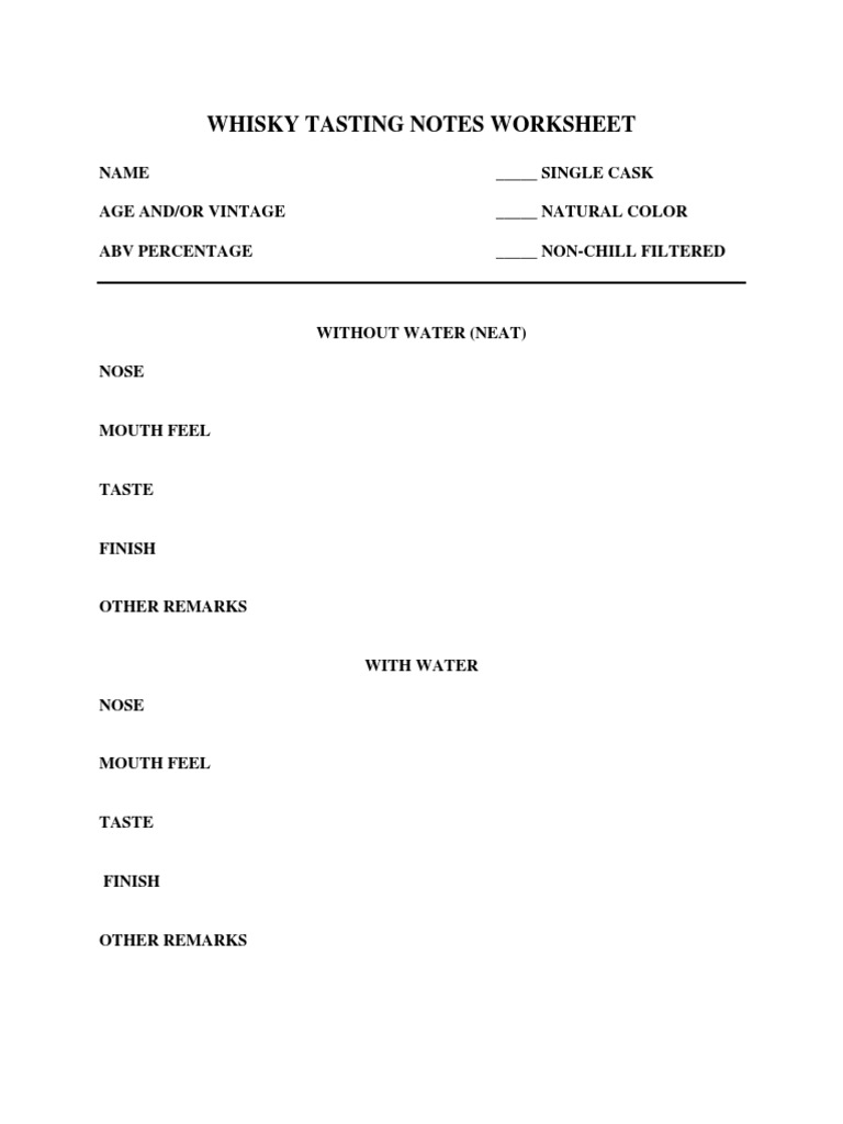 Whisky Tasting Notes Worksheet | PDF