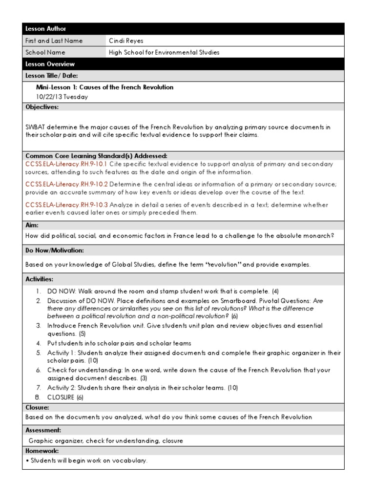 Causes of the French Revolution Lesson | PDF | Document | Curriculum