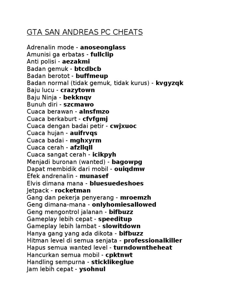 GTA San Andreas PC Cheat Codes Guide | PDF | Technology & Engineering ...