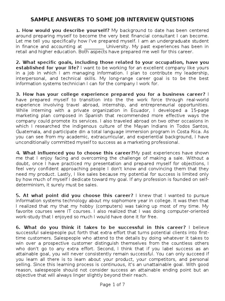 Sample Answers To Some Job Interview Questions | PDF | Sales | Job ...