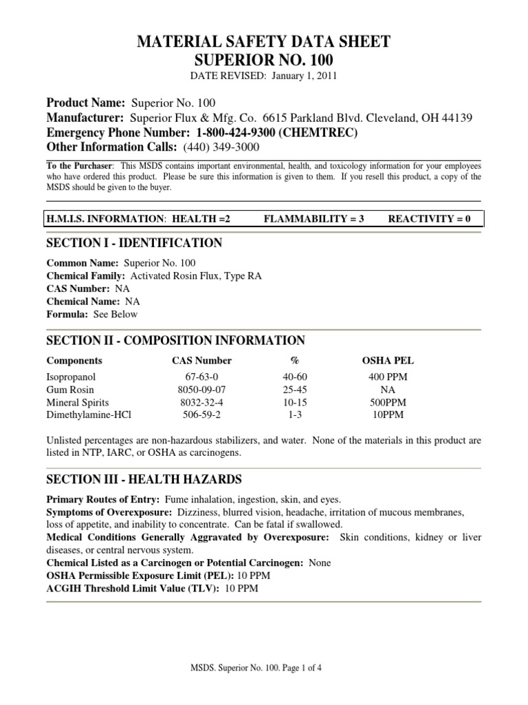 Material Safety Data Sheet Superior No. 100 | PDF | Self-Improvement ...