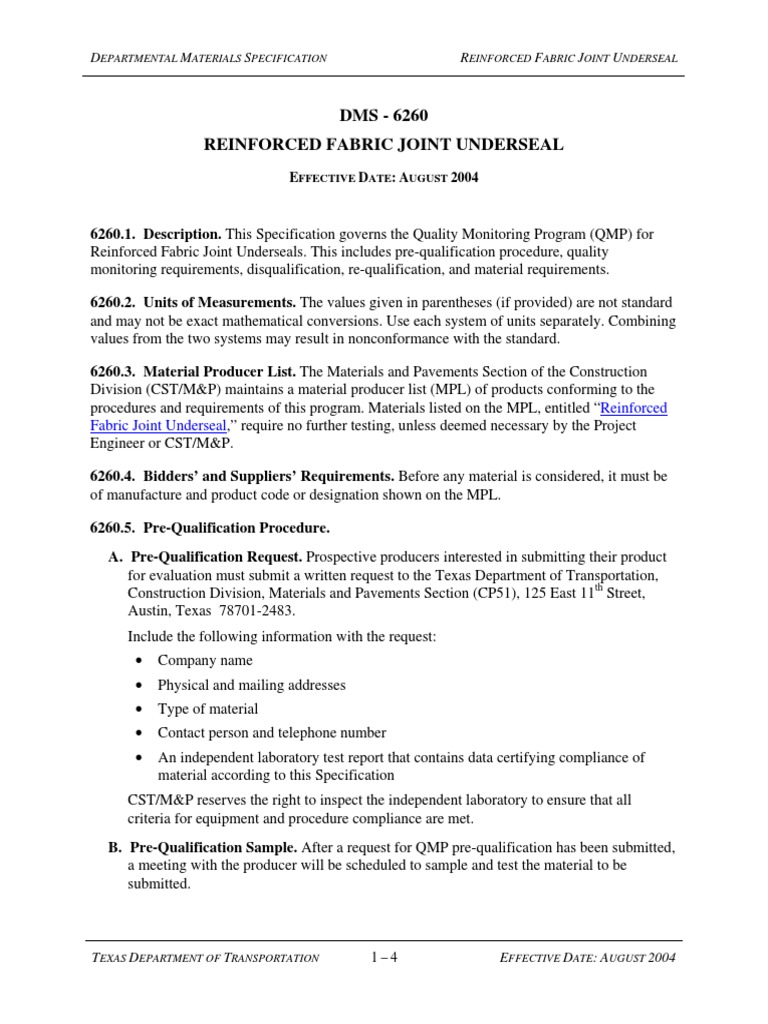 TXDOT 6260 Reinforced Fabric Joint Underseal PDF PDF Specification