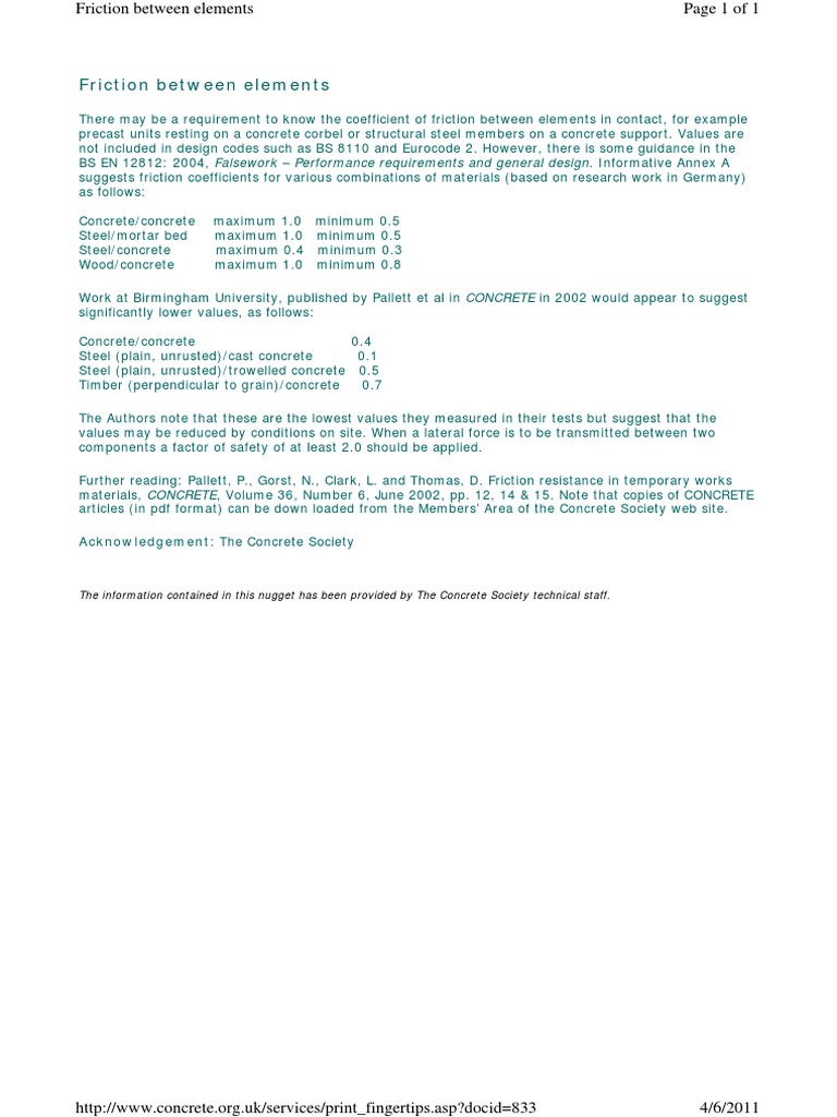 Concrete and Steel Friction Coefficients | PDF | Computers | Technology ...
