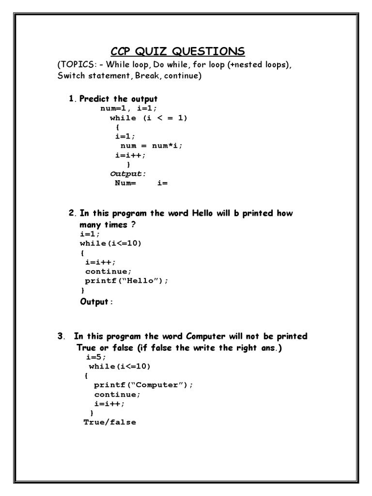 C Programming Loop Quiz Questions | PDF | Teaching Methods & Materials ...