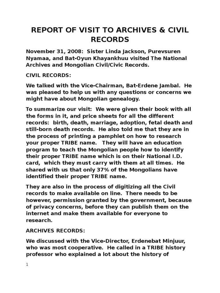 ENG Report of Visit To Archives | PDF | Genealogy | Mongolia