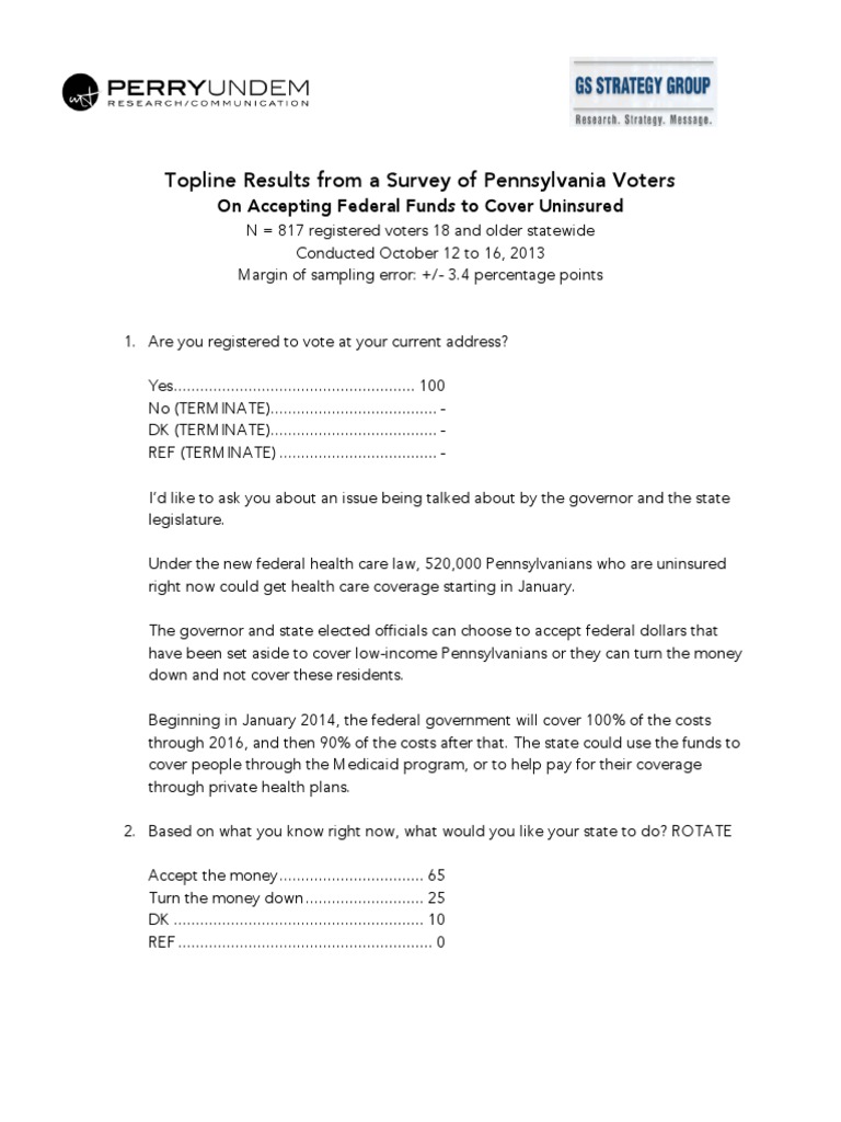 Topline Results From A Survey of Pennsylvania Voters On Accepting