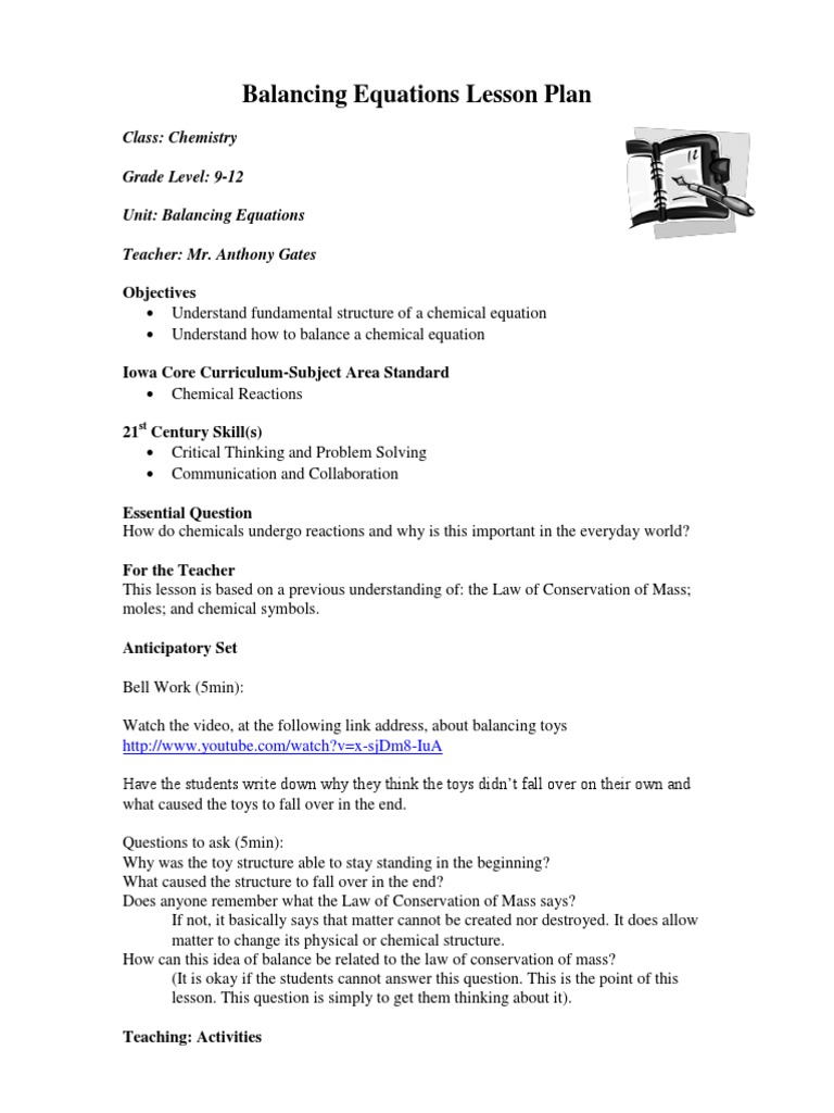 Balancing Chemical Equations Lesson Plan | PDF | Chemistry | Lesson Plan