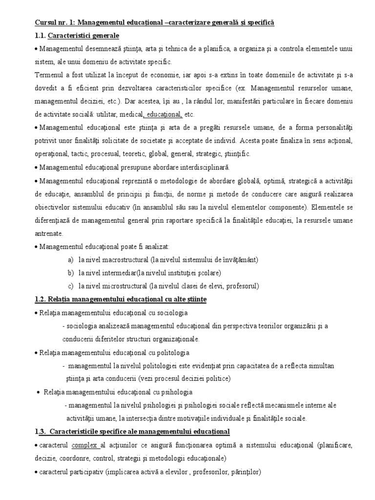 Curs Management Educational Curs 1. Managementul Educational - Caracterizare Generala Si Specifica