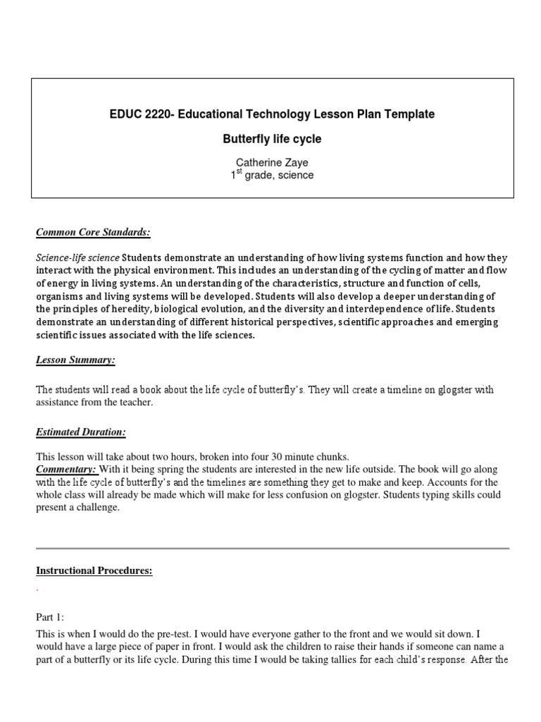 EDUC 2220-Educational Technology Lesson Plan Template Butterfly Life ...