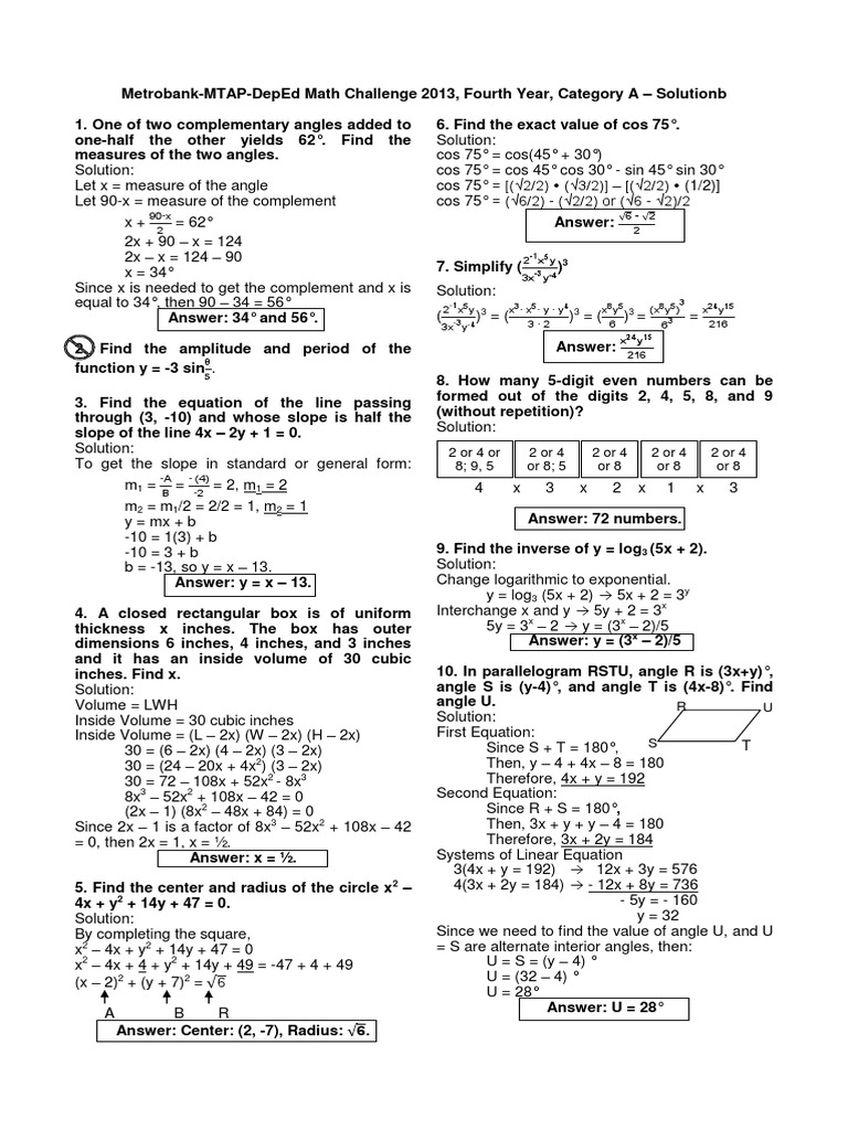 Metrobank Math Challenge 2013 Solutions | PDF | Circle | Trigonometric ...