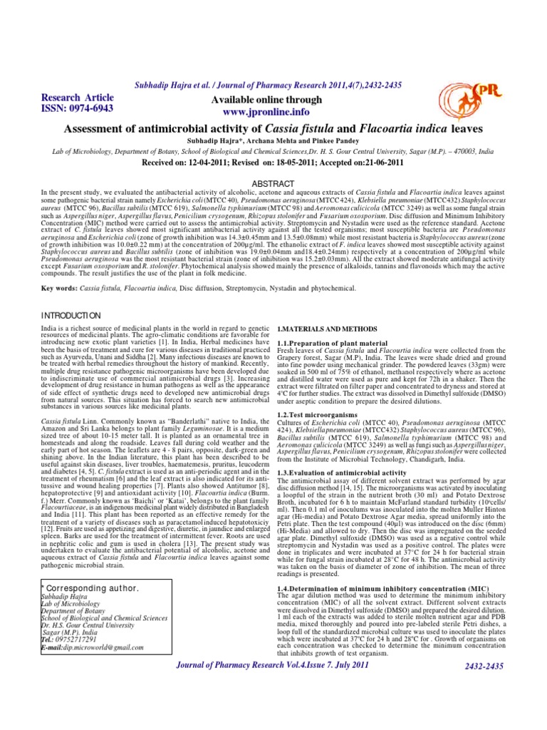 Assessment of Antimicrobial Activity of Cassia Fistula and Flacoartia ...