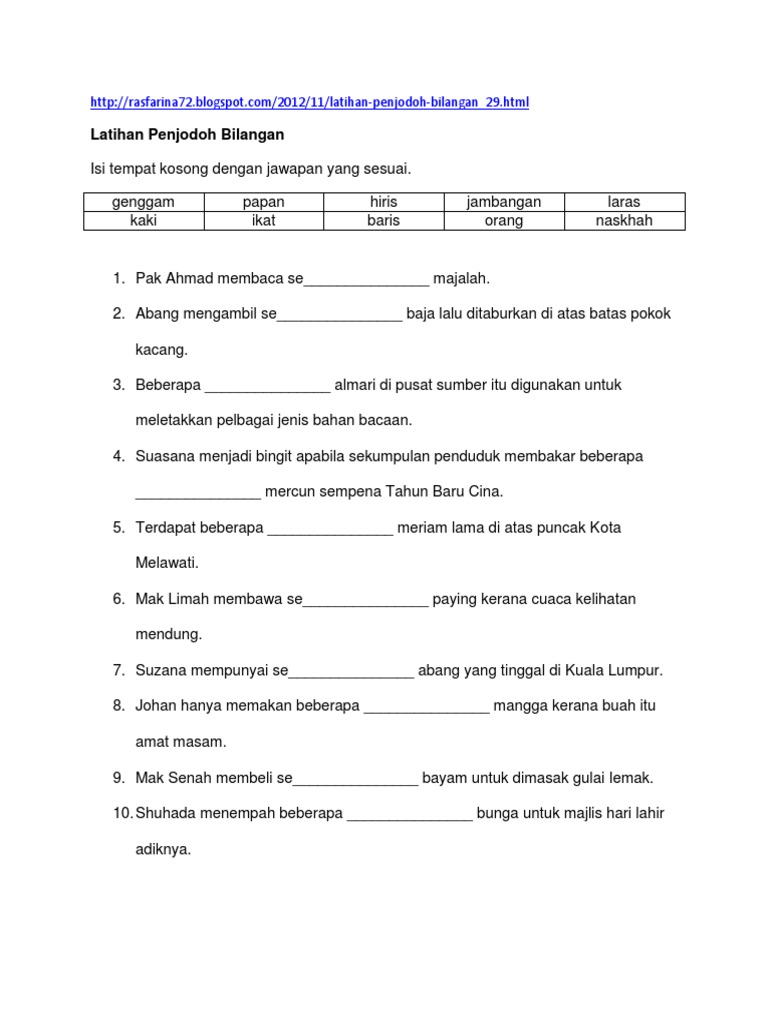 Latihan Penjodoh Bilangan Pdf