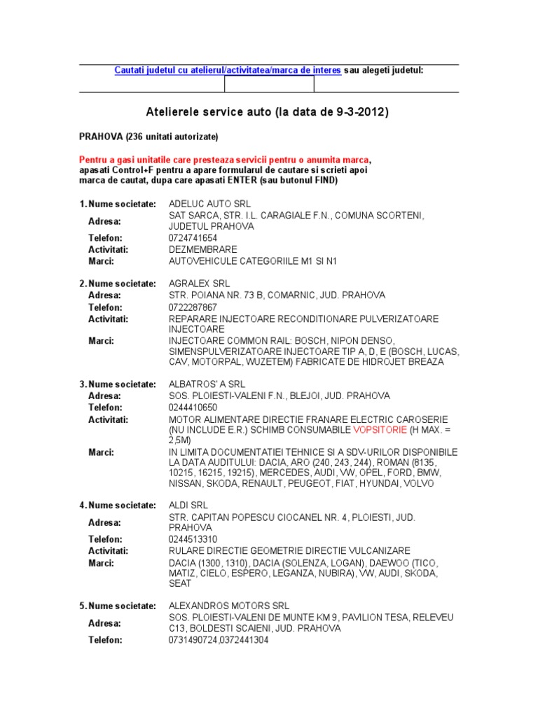 Servise Auto PRAHOVA | PDF