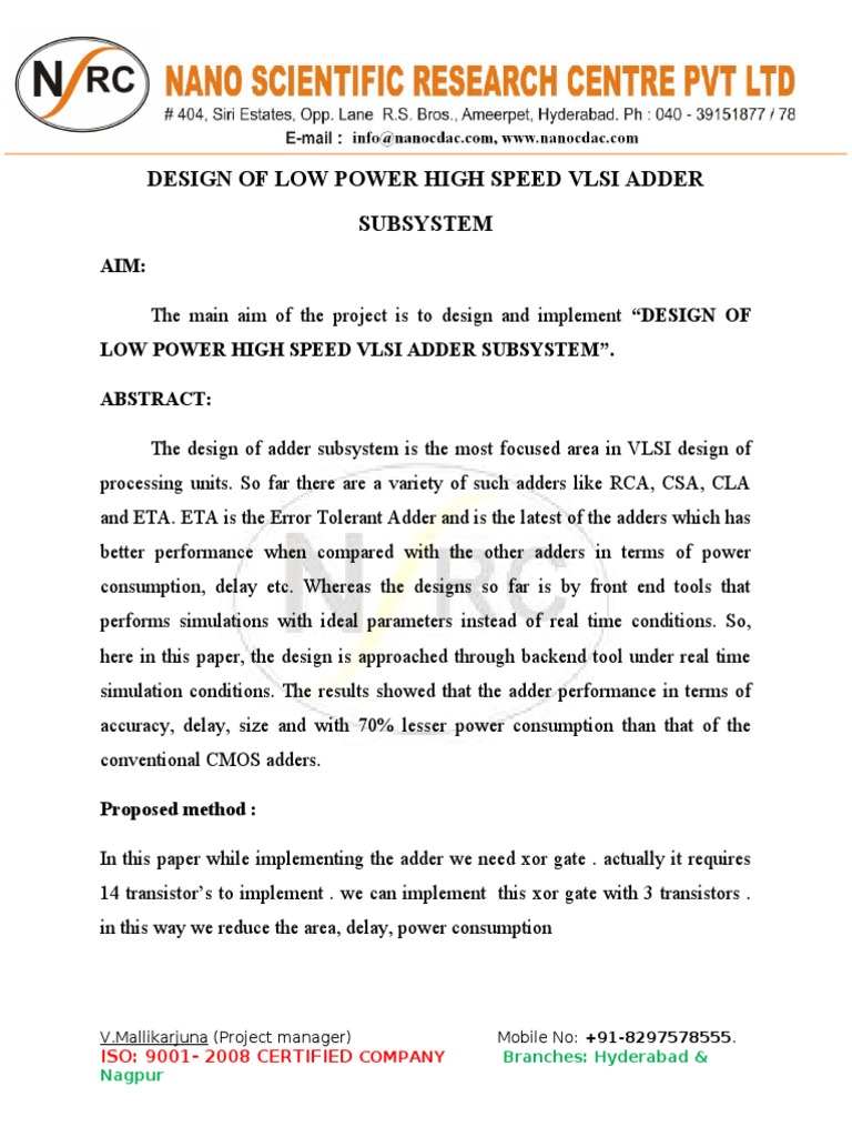 Low Power High Speed VLSI Adder Design | PDF | Very Large Scale ...