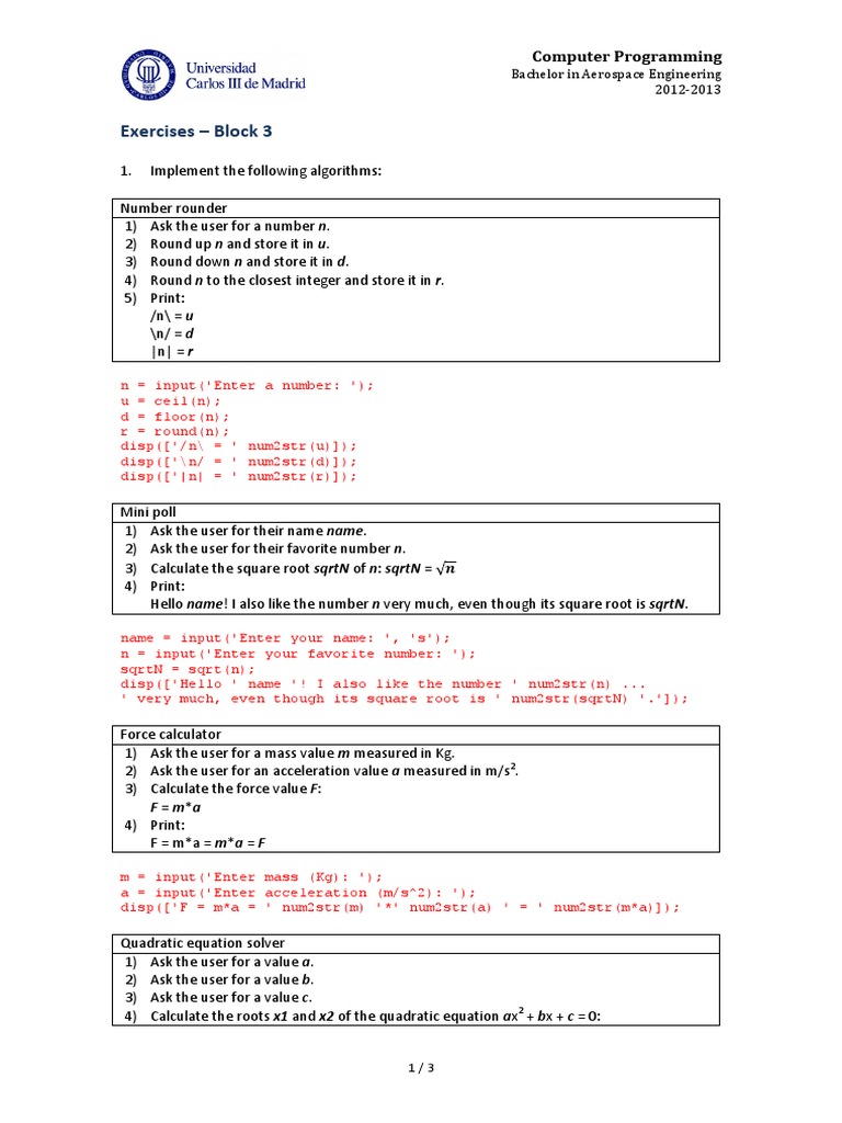 Programming Exercises for Aerospace Engineering | PDF | Algorithms ...