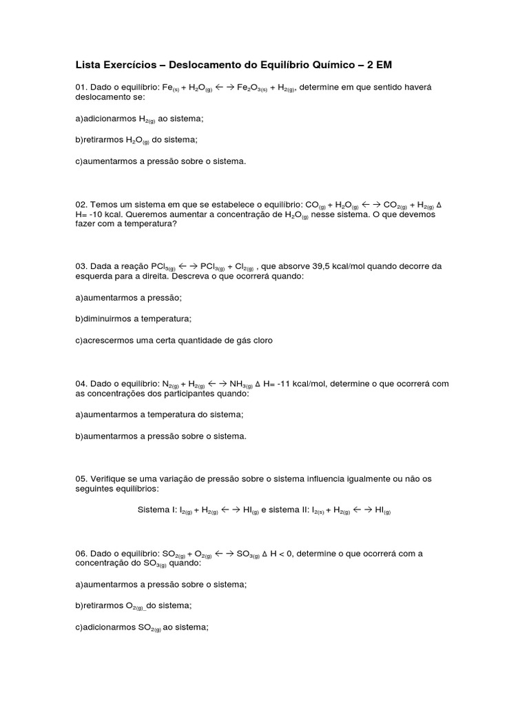 Lista Exercicios Deslocamento Equilibrio | PDF | Equilíbrio químico ...