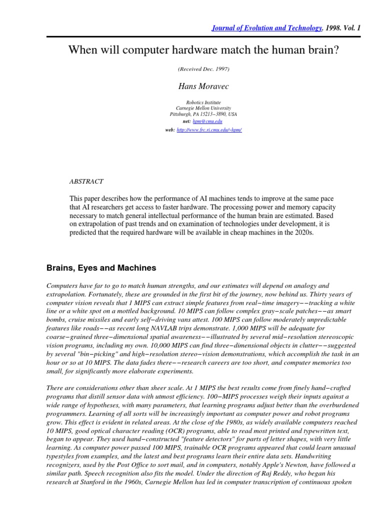 When Will Computer Hardware Match The Human Brain?: Hans Moravec | PDF ...