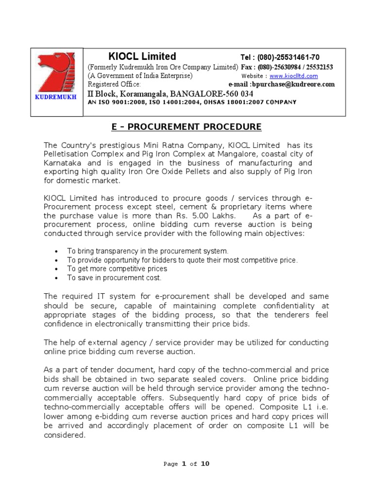 KIOCL E-Procurement Guidelines | PDF | Auction | Procurement