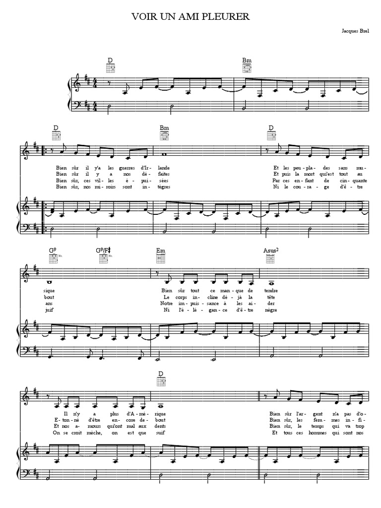 Jacques Brel Voir Un Ami Pleurer Partition Musicale Pdf