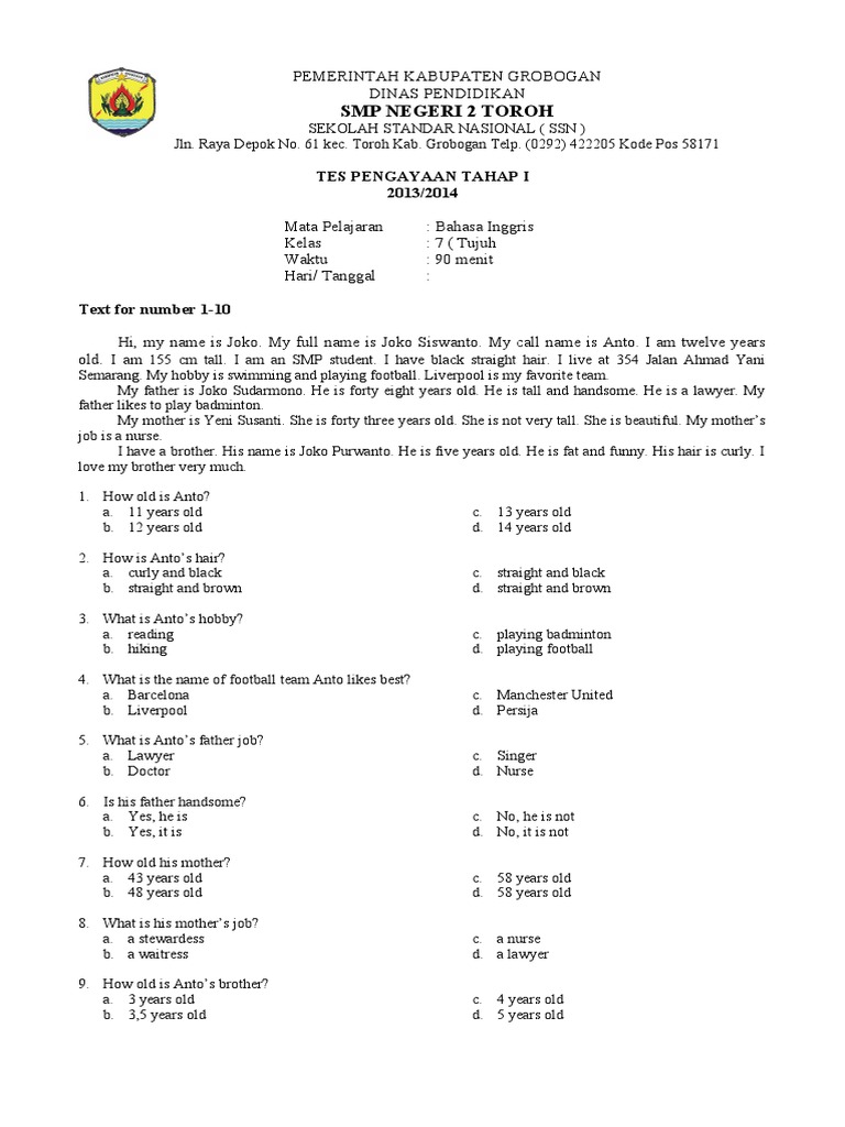 Tahap 1 Pengayaan Bahasa Inggris Kelas 7 Semester Ganjil Tahap 1 Pengayaan Bahasa Inggris Kelas 7 Semester Ganjil