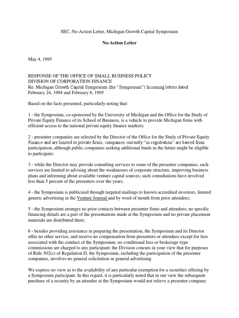Michigan Growth Capital Symposium SEC NoAction Letter (May 4, 1995