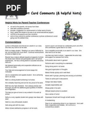report card coments  helpful hints