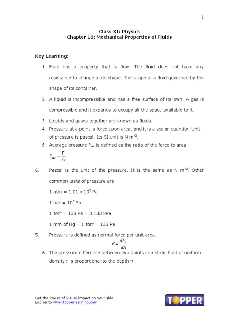 Mechanical Properties of Fluids Overview | PDF | Surface Tension | Pressure
