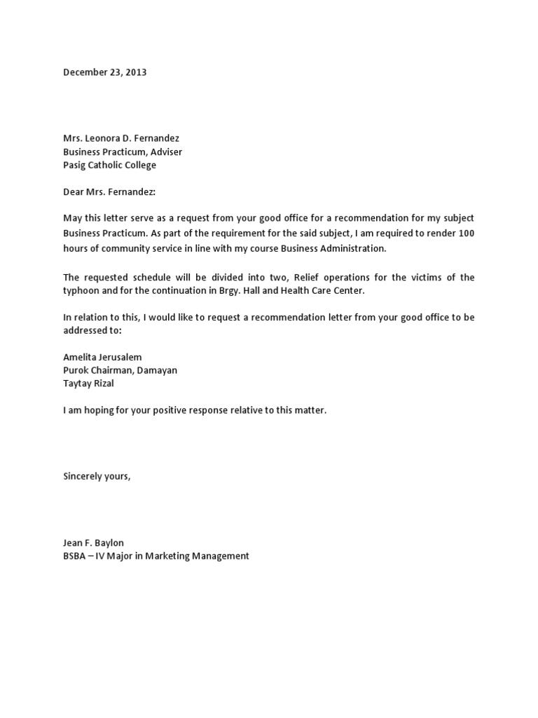 Letter of Request - Community Service OJT | PDF